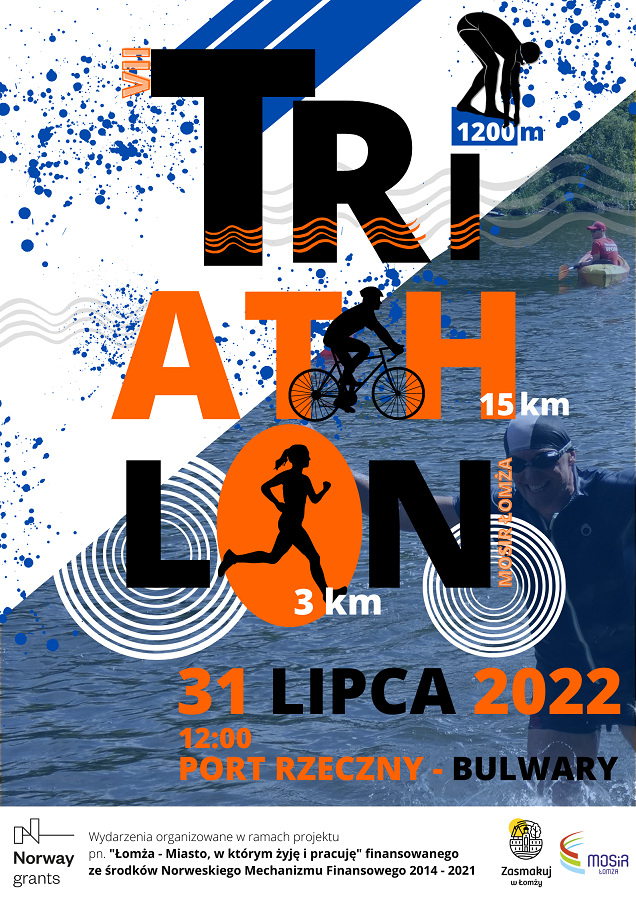 grafika przedstawiająca osobę biegnącą, pływającą i jadącą na rowerze, napis triathlon MOSiR Łomża  31 lipca 2022